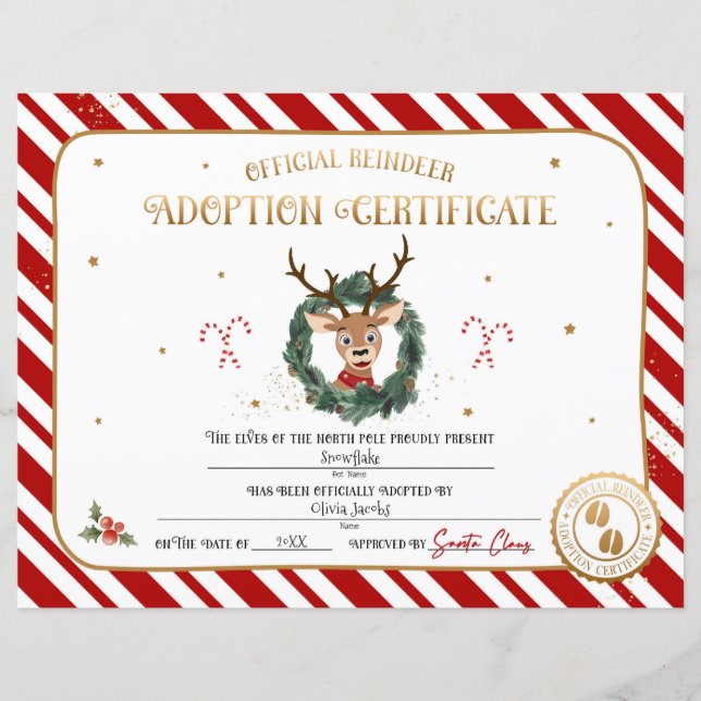 Personalised Reindeer Adoption Certificate (Front)