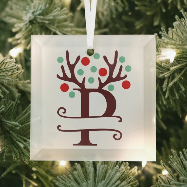 Personalised Reindeer Antlers Name "P"  Glass Tree Decoration (Insitu)