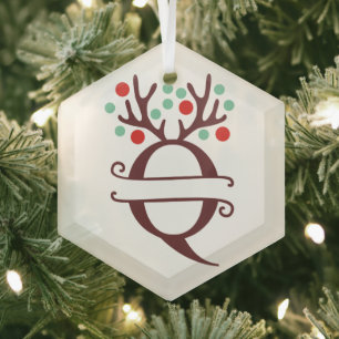 Personalised Reindeer Antlers Name "Q"  Glass Tree Decoration