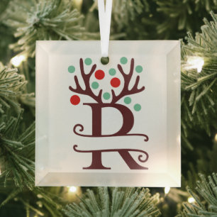 Personalised Reindeer Antlers Name "R" Glass Tree Decoration
