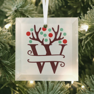 Personalised Reindeer Antlers Name "W" Glass Tree Decoration