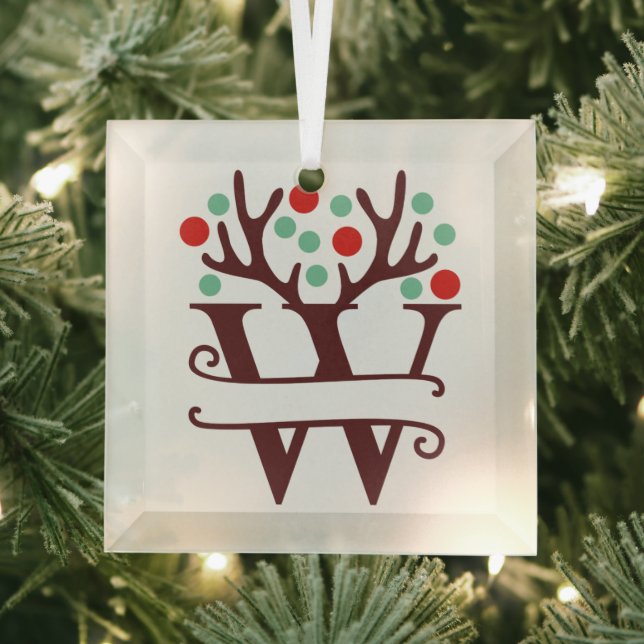 Personalised Reindeer Antlers Name "W" Glass Tree Decoration (Insitu)