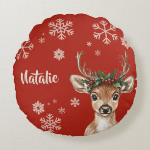 Personalised Reindeer Christmas Snowflake Round Cushion