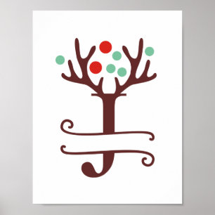 Personalised Reindeer Letter J Split Monogram Poster