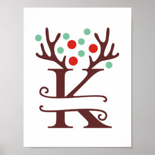 Personalised Reindeer Letter K Split Monogram Poster