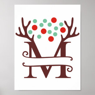 Personalised Reindeer Letter M Split Monogram Poster