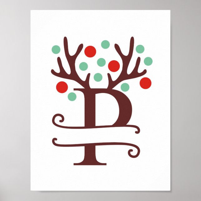 Personalised Reindeer Letter P Split Monogram Poster (Front)