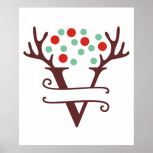 Personalised Reindeer Letter V Split Monogram Poster