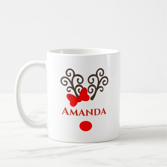 Personalised Reindeer red bow- Merry christmas  Coffee Mug (Left)