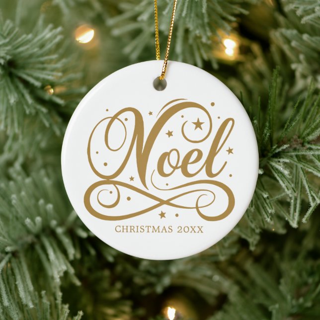 Personalised Religious Gold Script Noel Name Year Ceramic Ornament (Tree)