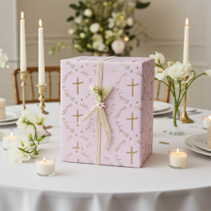 Personalised Religious Golden Cross on Misty Rose Wrapping Paper