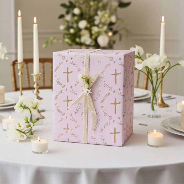 Personalised Religious Golden Cross on Misty Rose Wrapping Paper (Creator Uploaded)