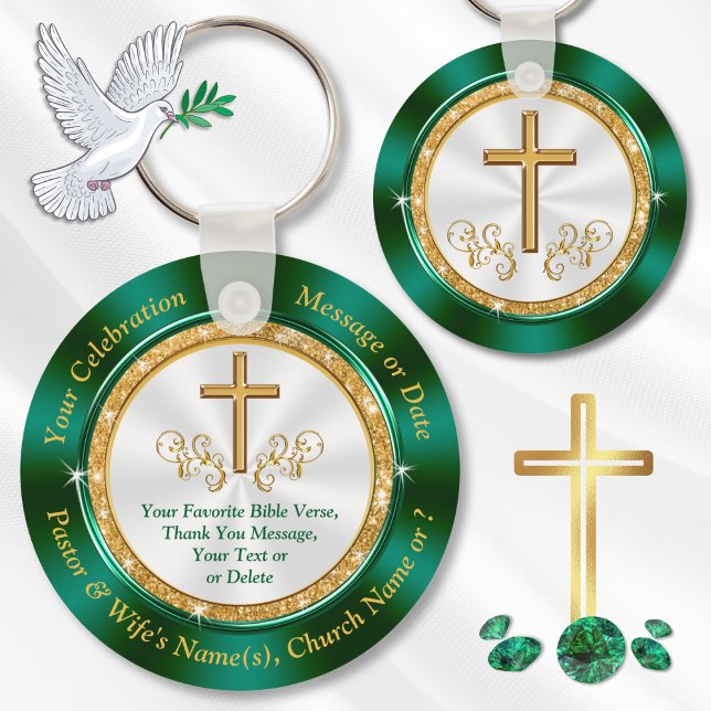 Personalised, Religious Party Favours for Adults Key Ring (Personalized Christian Party Favors, 20th church anniversary. 20th Pastoral anniversary. Green Gold.)