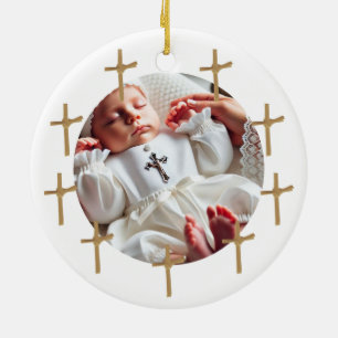Personalised Religious Photo Baby Golden Crosses Ceramic Ornament