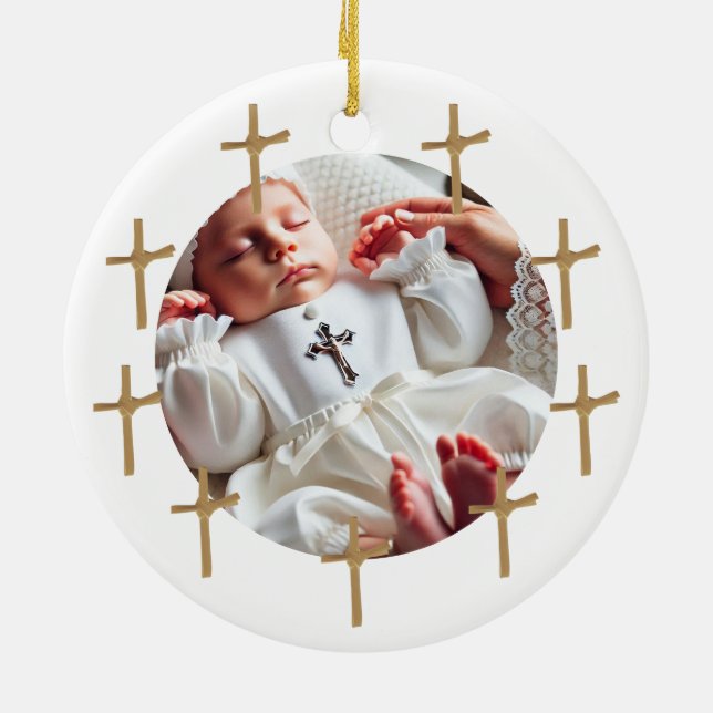Personalised Religious Photo Baby Golden Crosses Ceramic Ornament (Back)