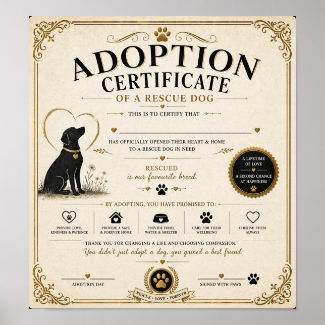 Personalised Rescue Dog Adoption Certificate Poster (Front)