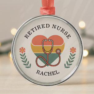 Personalised Retired Nurse Retro Heart Metal Ornament