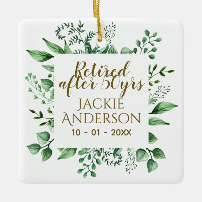 Personalised Retirement Gift Botanical Green Leaf Ceramic Ornament (Front)