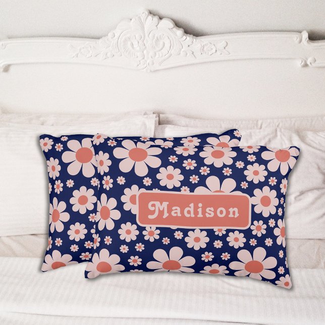 Personalised Retro 70s Floral Navy Blue Decorative Cushion (Retro 70s vintage daisy navy blue and orange pattern groovy typography personalized pillow)