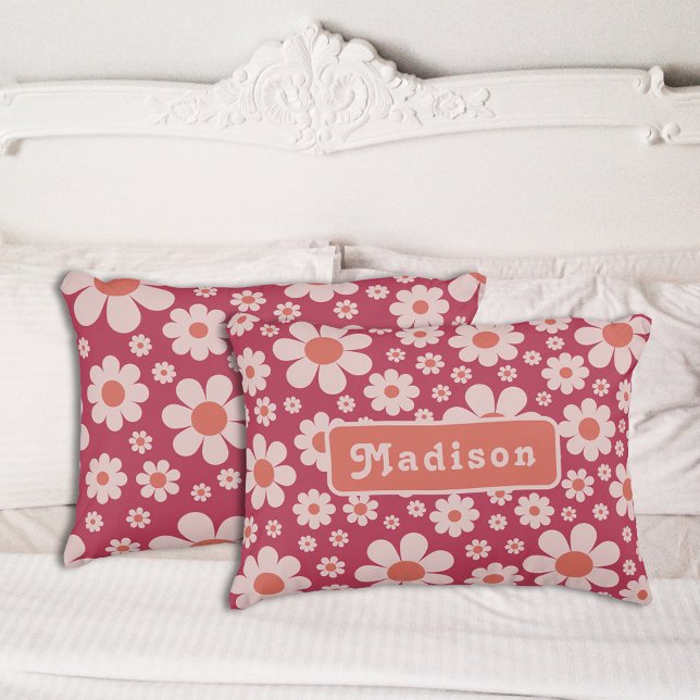 Personalised Retro 70s Floral Orange Pink Decorative Cushion (Retro 70s vintage daisy pattern groovy typography pink and orange  personalized pillow)