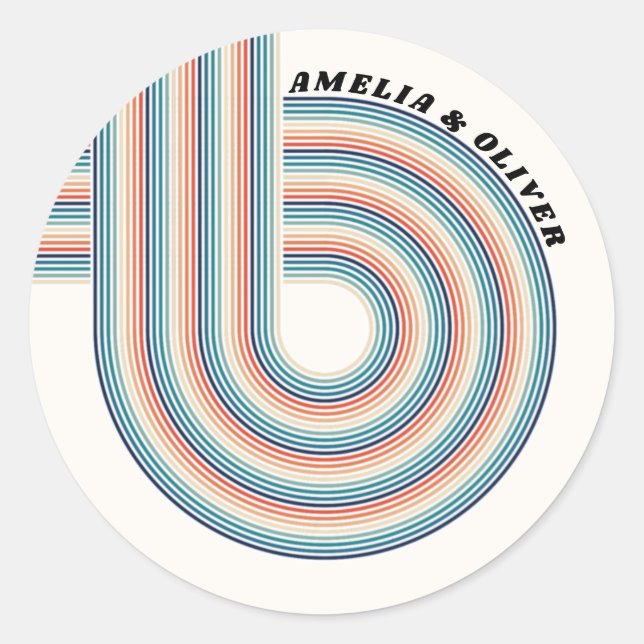 Personalised Retro 70s Theme Colourful Stripes Classic Round Sticker (Front)