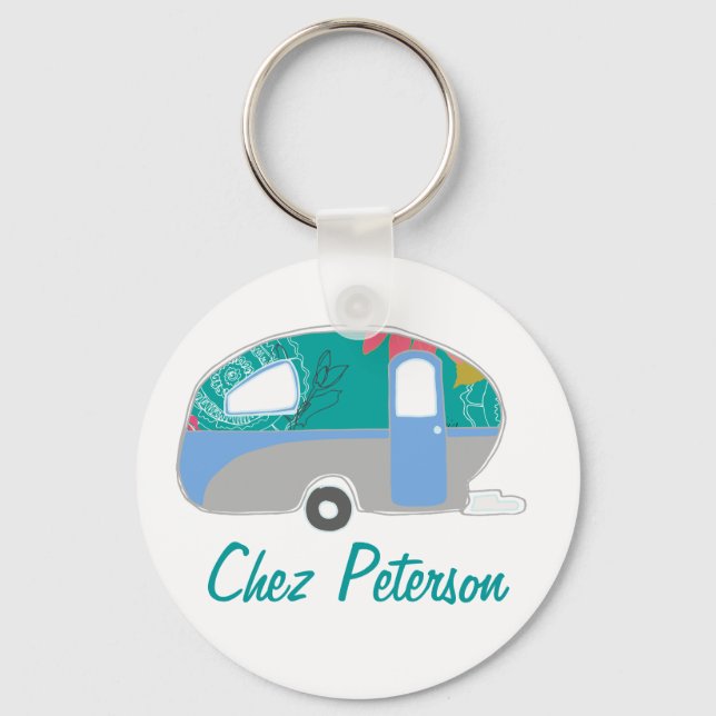 Personalised Retro Art Caravan Owner's Keychains (Front)
