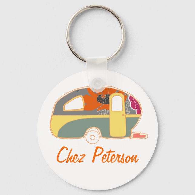 Personalised Retro Art Caravan Owner's Keychains (Front)