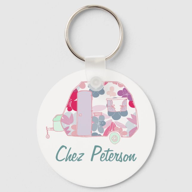Personalised Retro Art Caravan Owner's Keychains (Front)