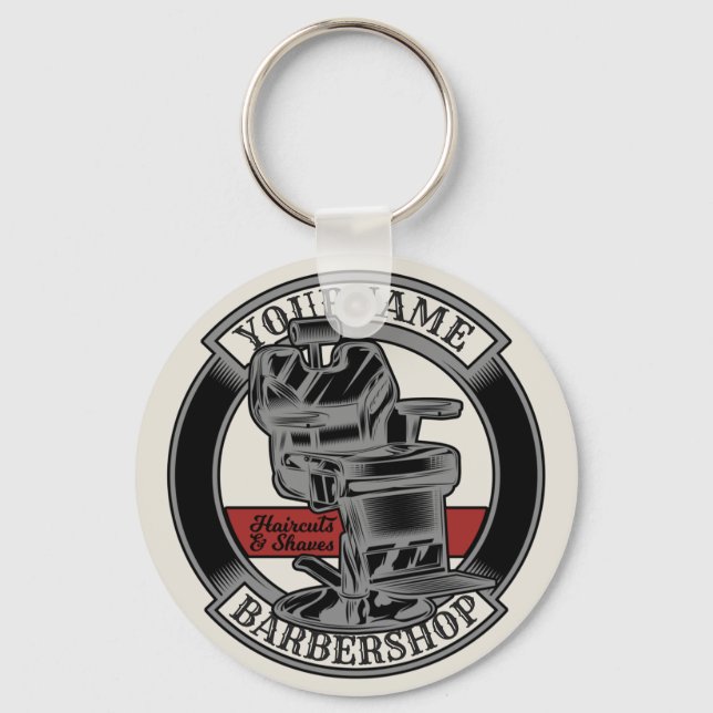 Personalised Retro BarberShop Barber Chair Salon  Key Ring (Front)