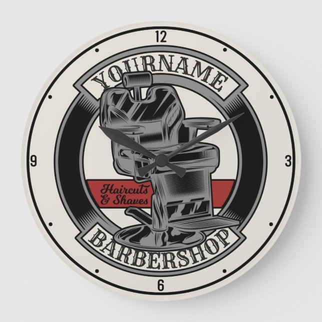 Personalised Retro BarberShop Barber Chair Salon Large Clock (Front)