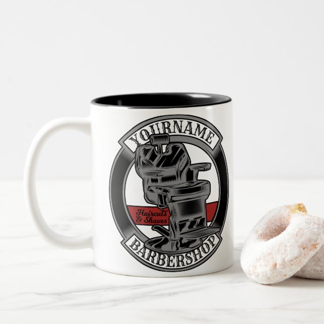 Personalised Retro BarberShop Barber Chair Salon  Two-Tone Coffee Mug (With Donut)