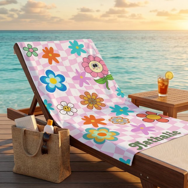Personalised Retro Beach Towel | Floral Name Gift  (Personalized Pink Retro Beach Towel | Floral Name Gift)