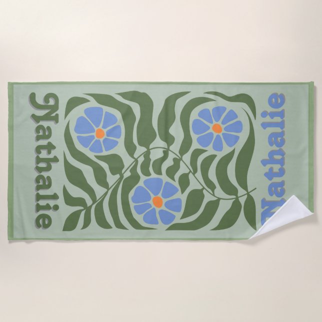 Personalised Retro Beach Towel with Name - Green  (Front)