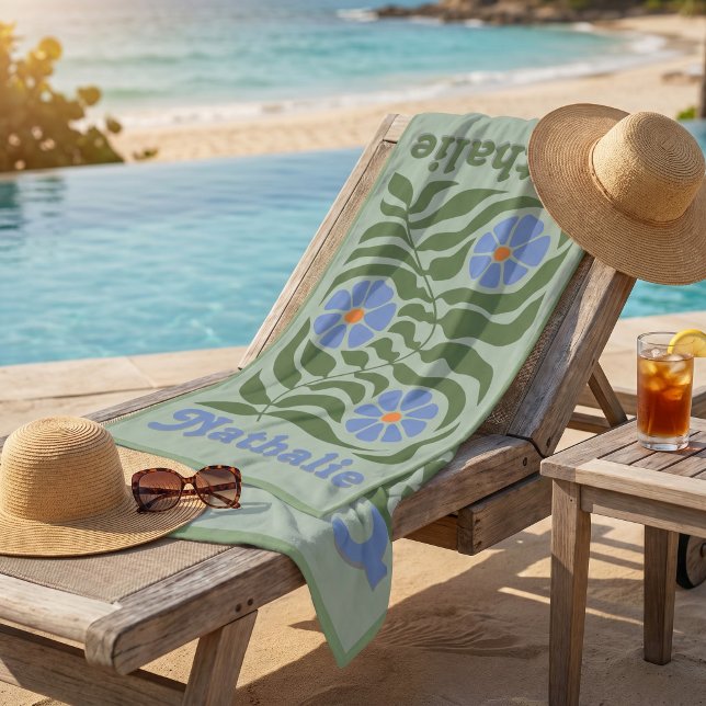 Personalised Retro Beach Towel with Name - Green  (Personalized Retro Beach Towel with Name - Green)