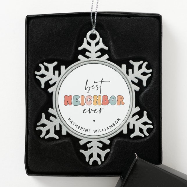 Personalised Retro Best Neighbour Ever Cute Snowflake Pewter Christmas Ornament (Box)