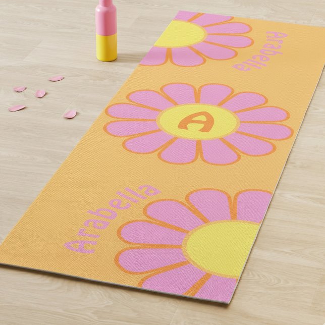 Personalised Retro Big Daisy Initial & Name Orange Yoga Mat (Personalized retro daisy yoga mat in pink orange and yellow. )