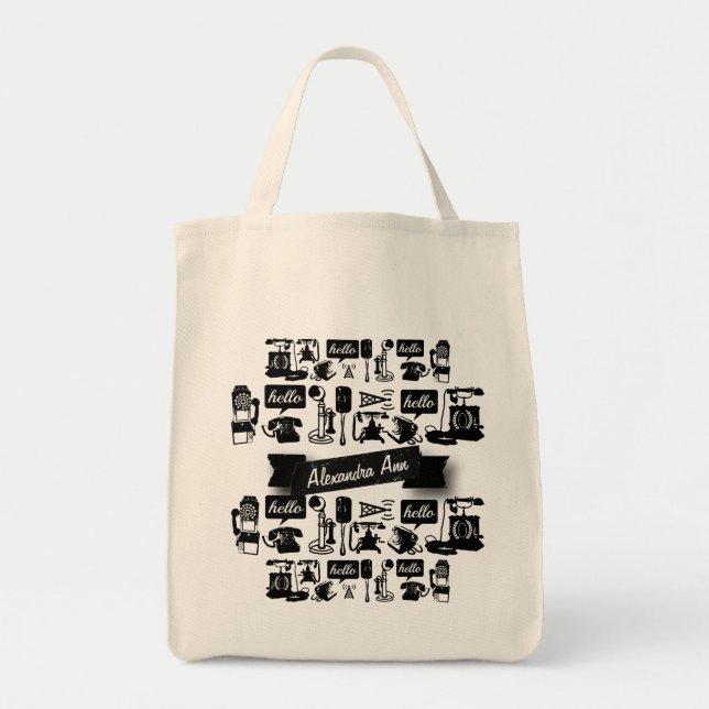 Personalised Retro Black Telephone Pattern Tote Bag (Front)