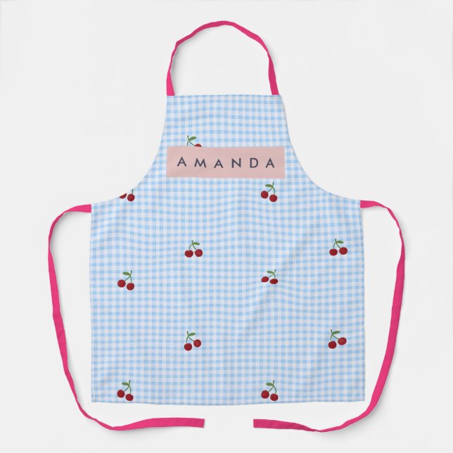 Personalised Retro Blue Gingham Cherry Print  Apron (Front)
