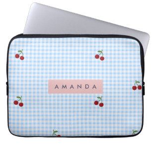 Personalised Retro Blue Gingham Cherry Print  Laptop Sleeve