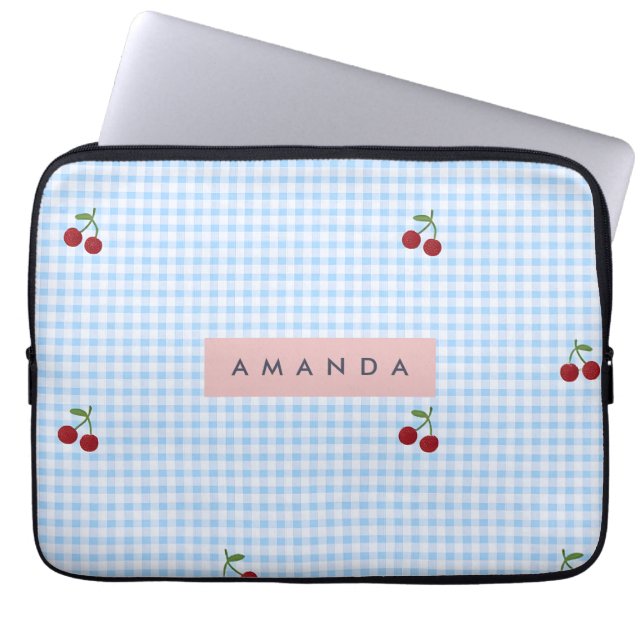 Personalised Retro Blue Gingham Cherry Print  Laptop Sleeve (Front)