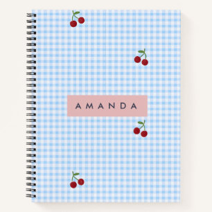 Personalised Retro Blue Gingham Cherry Print  Notebook