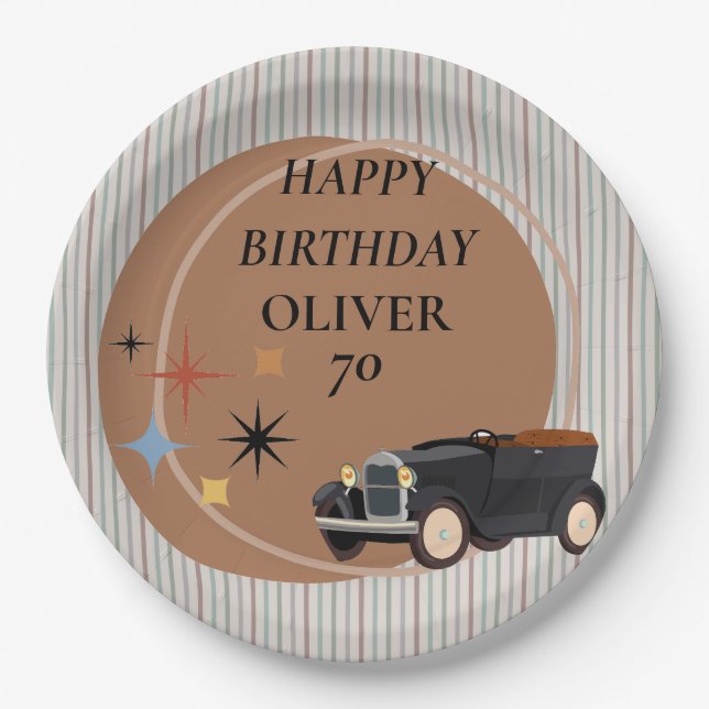 Personalised Retro Car Birthday Party Paper Plate (Front)