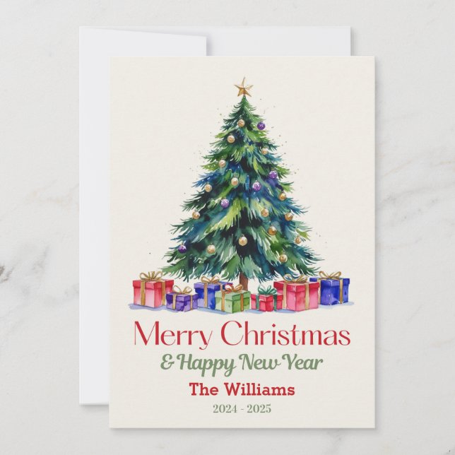 Personalised retro Christmas tree & gifts  Holiday Card (Front)