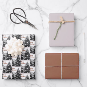 Personalised Retro Christmas Winter Snow & Trees Wrapping Paper Sheet