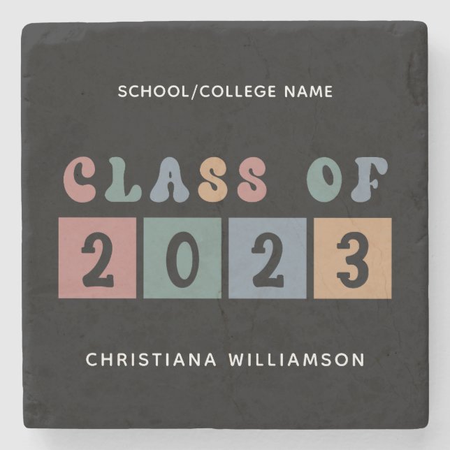 Personalised Retro Class of 2023 Graduation Cute Stone Coaster (Front)
