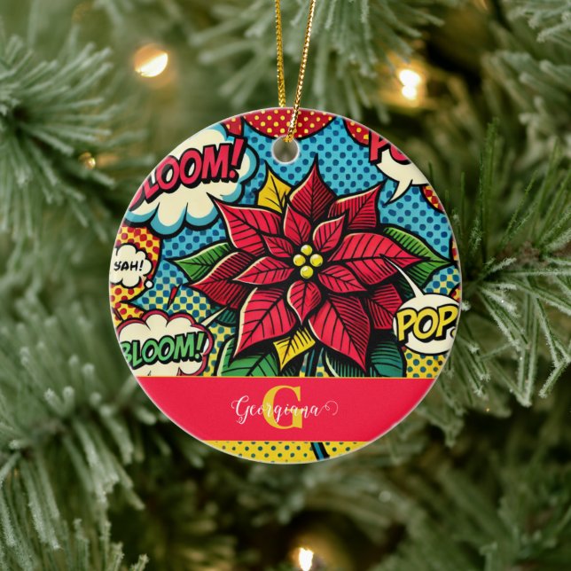 Personalised Retro Comic Book Pop Art Poinsettia Ceramic Ornament (Tree)