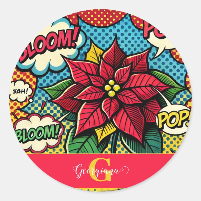Personalised Retro Comic Book Pop Art Poinsettia Classic Round Sticker (Front)
