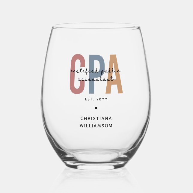 Personalised Retro CPA Certified Public Accountant Stemless Wine Glass (Front)