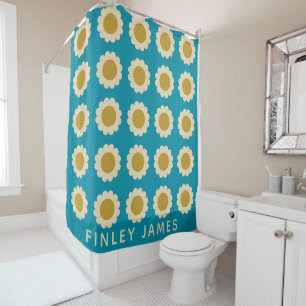 Personalised Retro Daisy Pattern Vibrant Teal Blue Shower Curtain