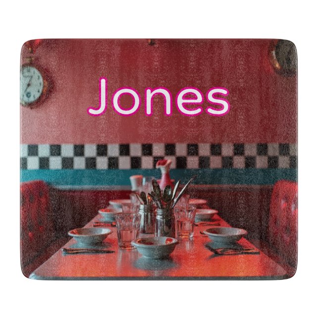 Personalised Retro Diner Glass Cutting Board (Front)